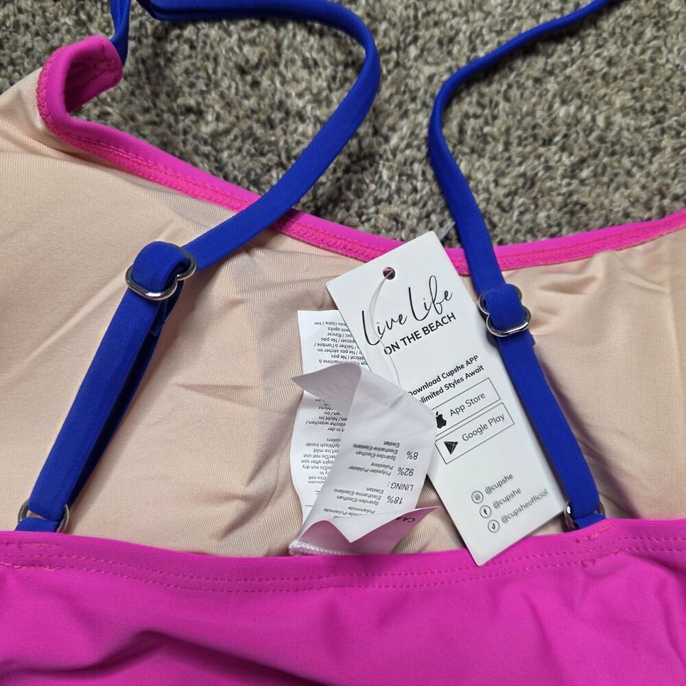 NWT Cupshe Two Piece Swimsuit Size XL Hot Pink Blue Bikini Activewear Pool Beach - Picture 8 of 8